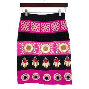 Leifsdottier Anthropologie embroidered pencil skirt pink black gold sz 2 Catrina